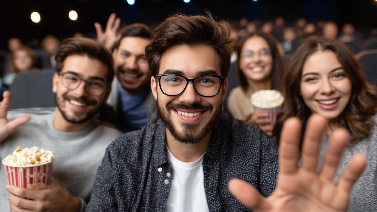A Group of Friends Enjoying a Movie Night Together in a Theater, Sharing Laughter and Popcorn While Capture Memorable Moments in a Captivating Cinematic Experience