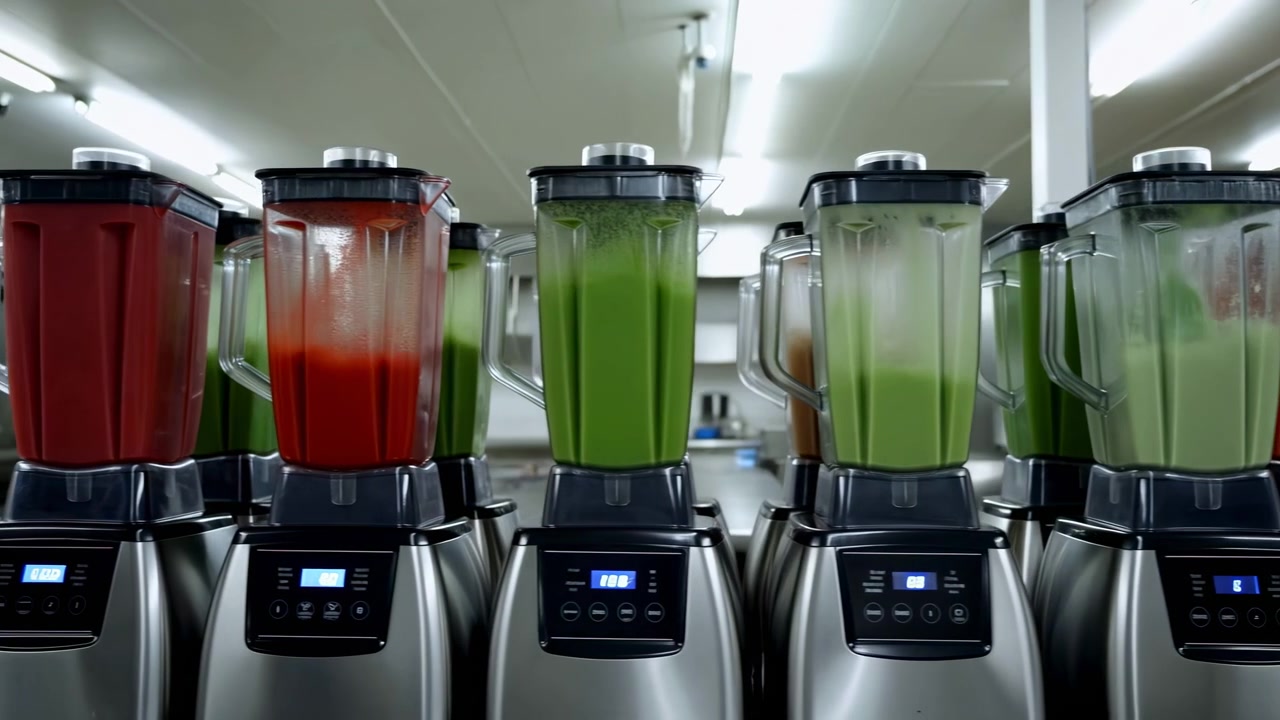 Vista frontale a livello degli occhi di più frullatori da banco in acciaio inossidabile riempiti con liquidi colorati in una pulita area di preparazione di una cucina professionale, che mostrano caraffe lucide, controlli illuminati e organizzati