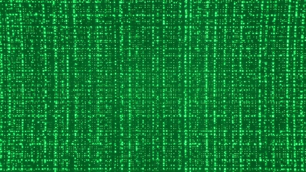 Grøn digital kodes regn strømmer hen over tæt gitter af lodrette prikker og linjer, binærlignende tessellation