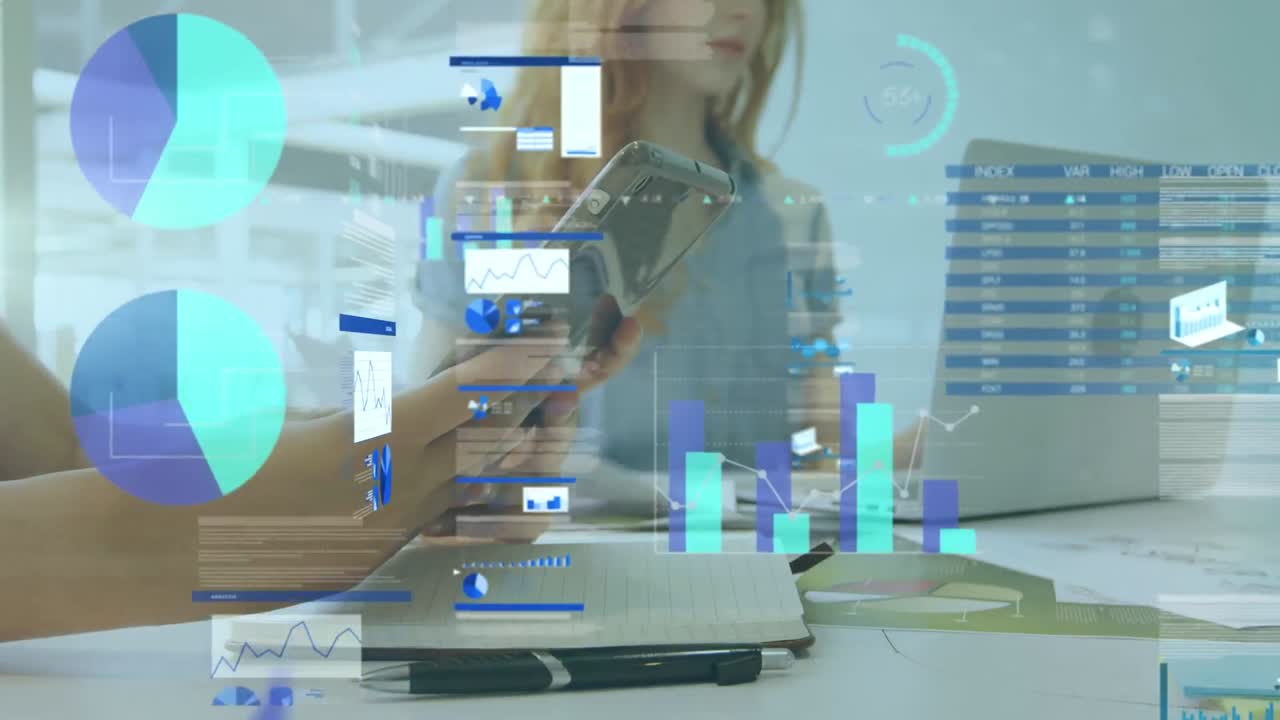 animación de estadísticas y procesamiento de datos sobre mujeres caucásicas usando teléfonos inteligentes
