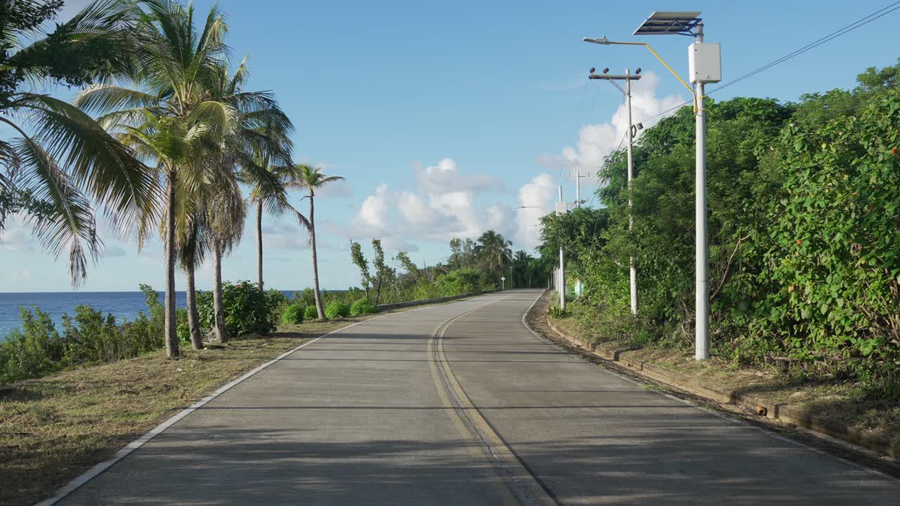 Paved coastal road in a tropical island location, palm tree lined on coast