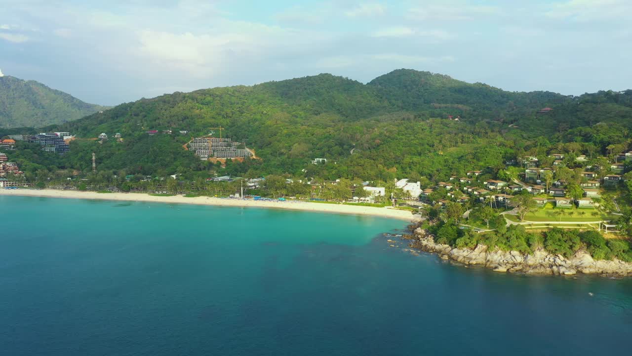 Aerial panorama of tropical resort territory and beach, beautiful Andaman sea at west coast of Phuket Island
