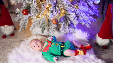 christmas tree with beautiful kid in elf costume under. lovely kid in funny suit on a fluffy plaid. gnome dolls decorations on both sides from a boy.