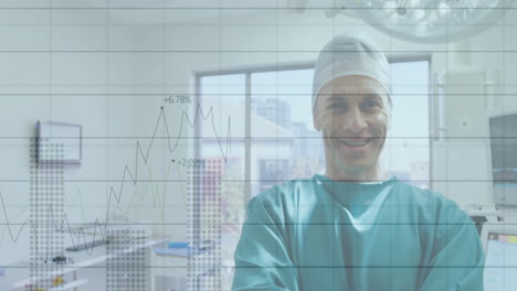 animación de procesamiento de datos financieros sobre feliz médico caucásico