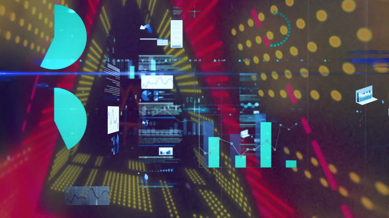 animación del procesamiento de datos y túnel de neón sobre fondo negro.