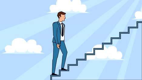 flat cartoon businessman character goes up the career ladder stairs animation