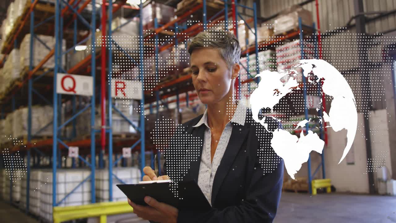 Warehouse supervisor glancing at shelves and jotting stock on clipboard with globe overlay rotating
