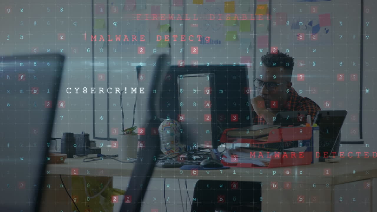 animación del procesamiento de datos sobre un hombre de negocios afroamericano que usa una computadora