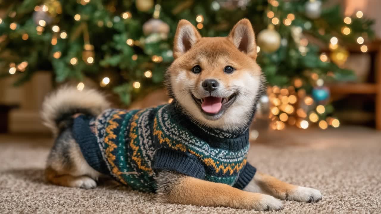 A Cute Shiba Inu Dog Dressed in a Cozy Sweater Smiles Cheerfully in Front of a Beautifully Decorated Christmas Tree with Twinkling Lights in the Background