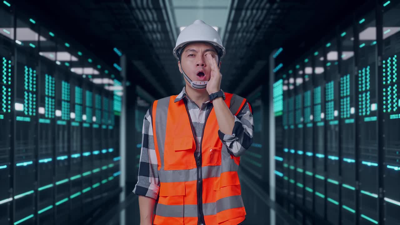 Ingegnere uomo asiatico con elmetto di sicurezza che urla con una mano sulla bocca mentre è in piedi in una sala server di un data center