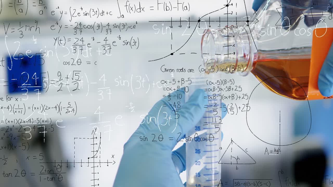animación de ecuaciones matemáticas en la sección media de un científico realizando un experimento en el laboratorio.