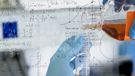 animation of mathematical equations on mid section of scientist performing experiment at laboratory