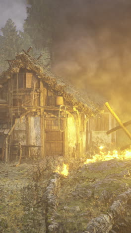 flames engulf abandoned village under ominous smoke filled sky at dusk