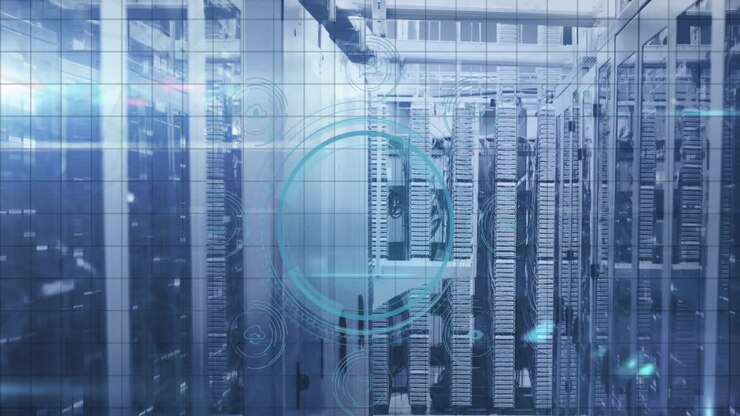 Animation of fingerprint, icons and data security text in circle, data server systems in server room