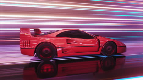 loop red sport car driving on the road with a motion blur effect and neon light streaks in the