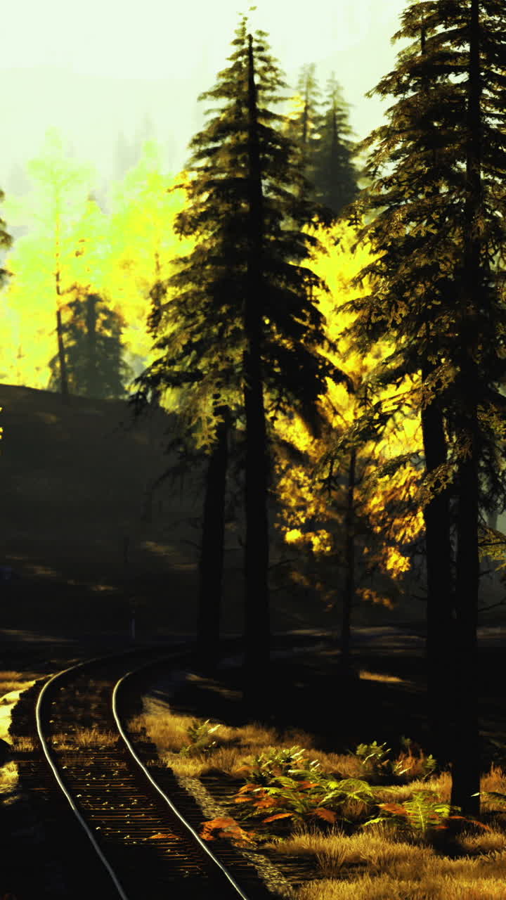 Autumn sunlight casts golden hues on a tranquil forest railway