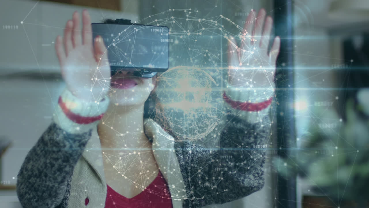 animación del globo de conexiones sobre mujer caucásica usando auriculares vr