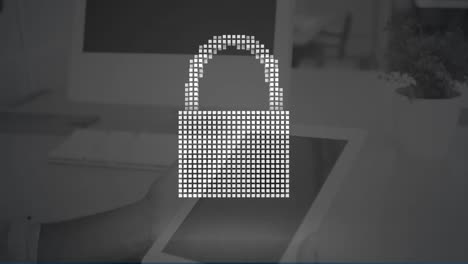 animation of digital padlock and cloud over computers in office