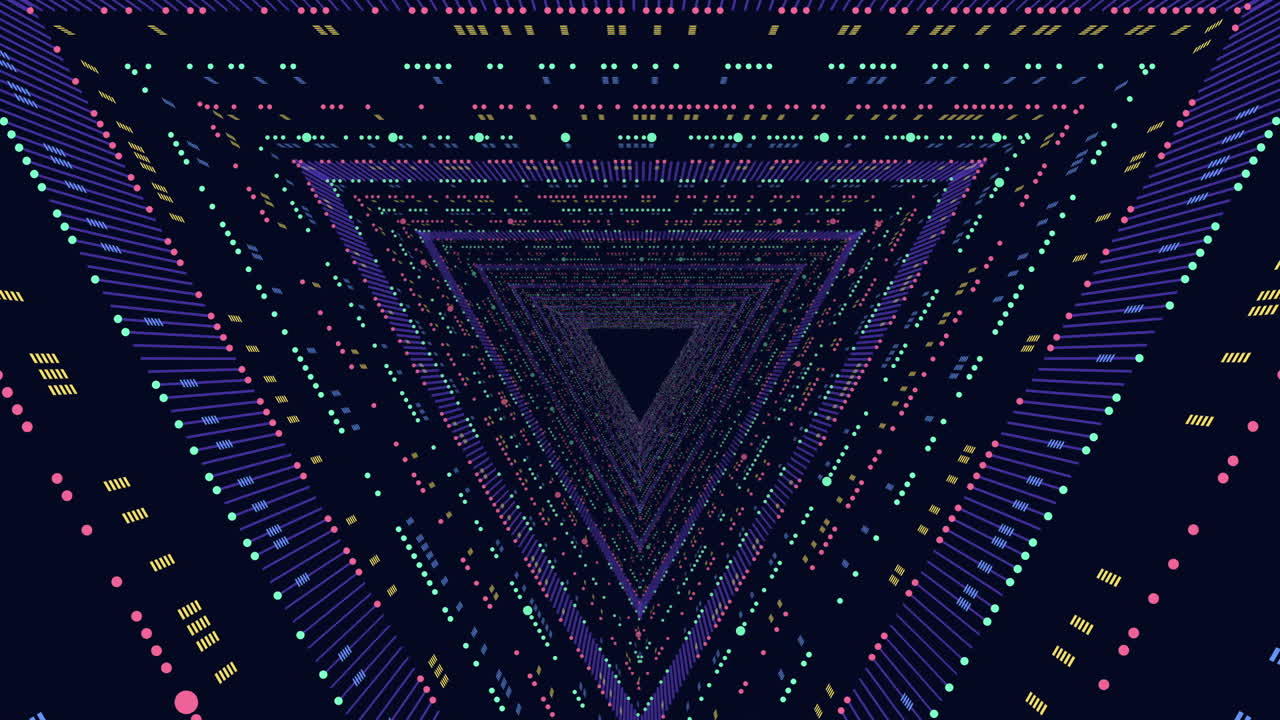 Futuristic triangles with neon dots and lines in vertigo on dark gradient