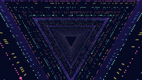 Futuristic triangles with neon dots and lines in vertigo on dark gradient