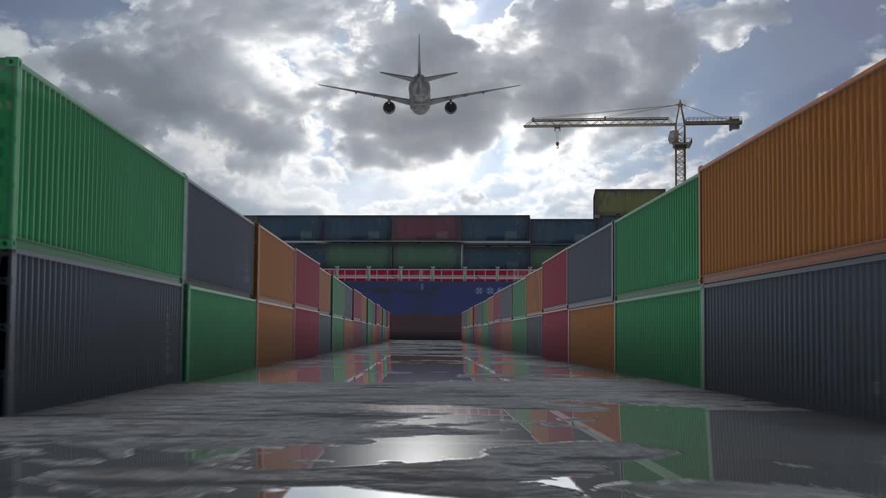 Shipping Container Port with Airplane Overhead