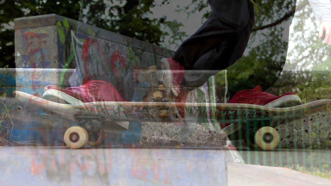 Animazione delle gambe di uno skater su un altro skater che salta sullo sfondo
