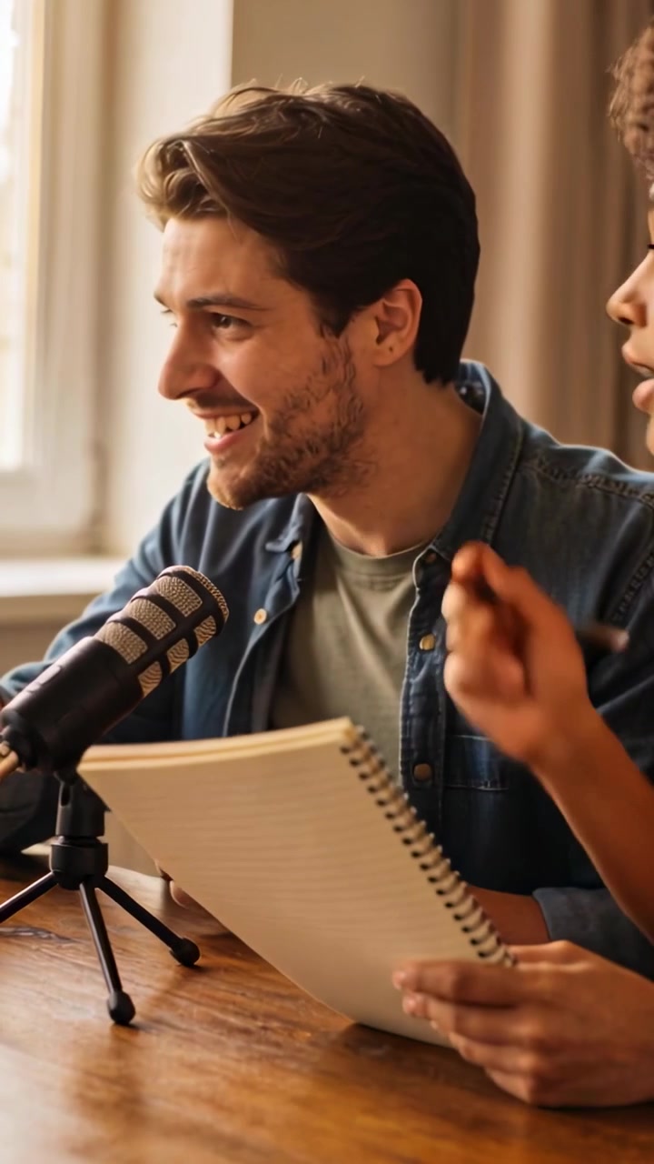 Co-hosts speaking into mic, man gesturing, woman with notebook and pen noting, planning podcast
