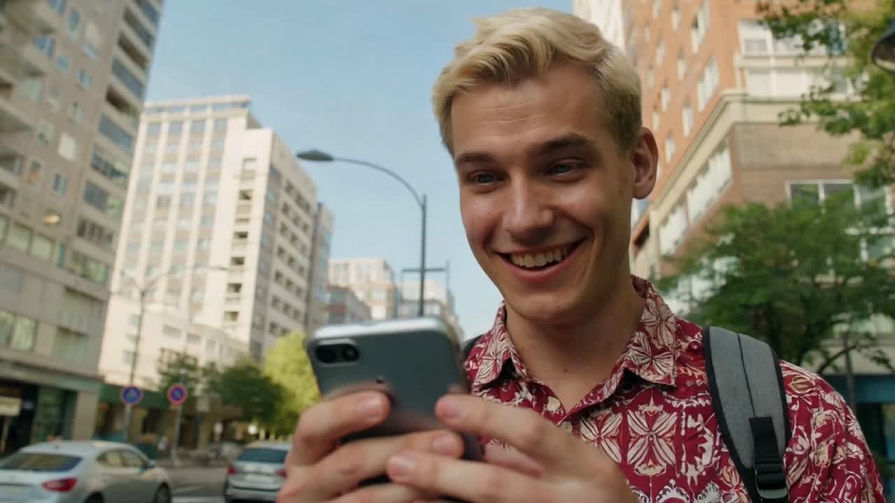 Giovane uomo caucasico sorridente che usa lo smartphone in una via urbana.