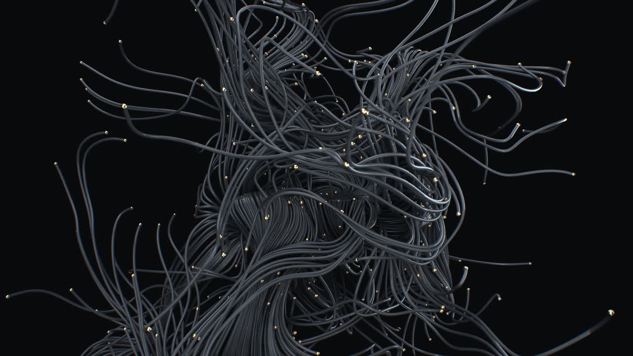 Chaotic black plastic cables with golden tips in abstract motion