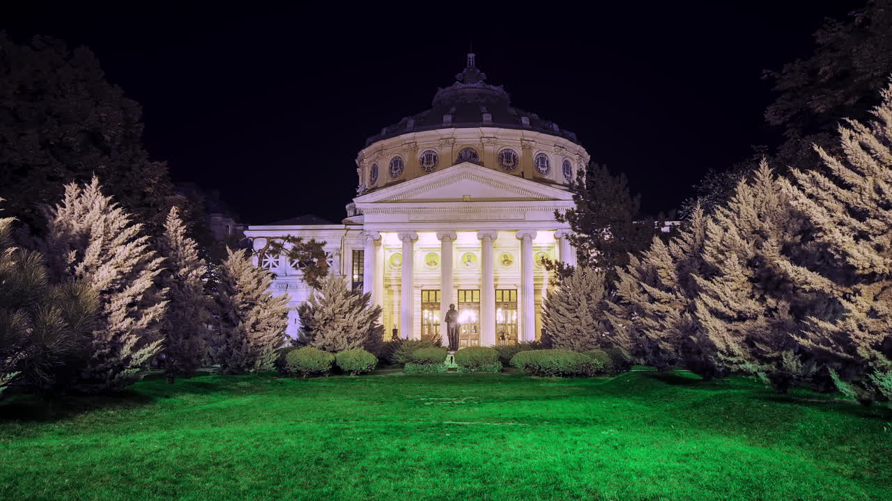 Romanian Athenaeum George Enescu, night timelapse, Bucharest, Romania
