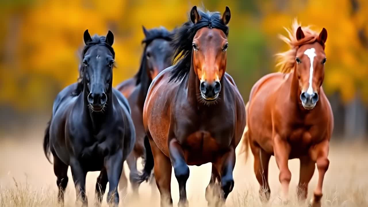 Un gruppo di cavalli che corrono in un campo di erba alta