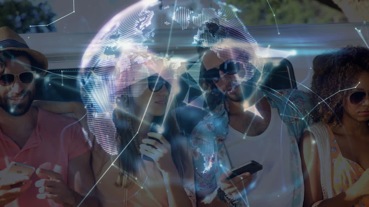 Animation of data processing and globe over diverse people using technology