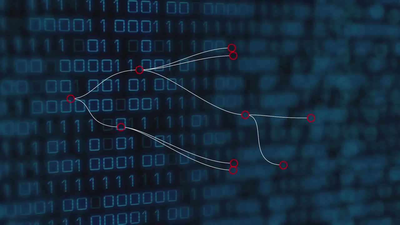 Animation of network of connections over data processing on black background
