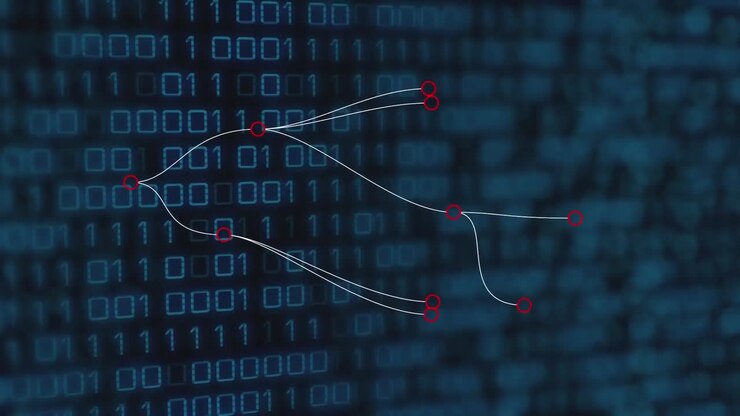 Animation of network of connections over data processing on black background