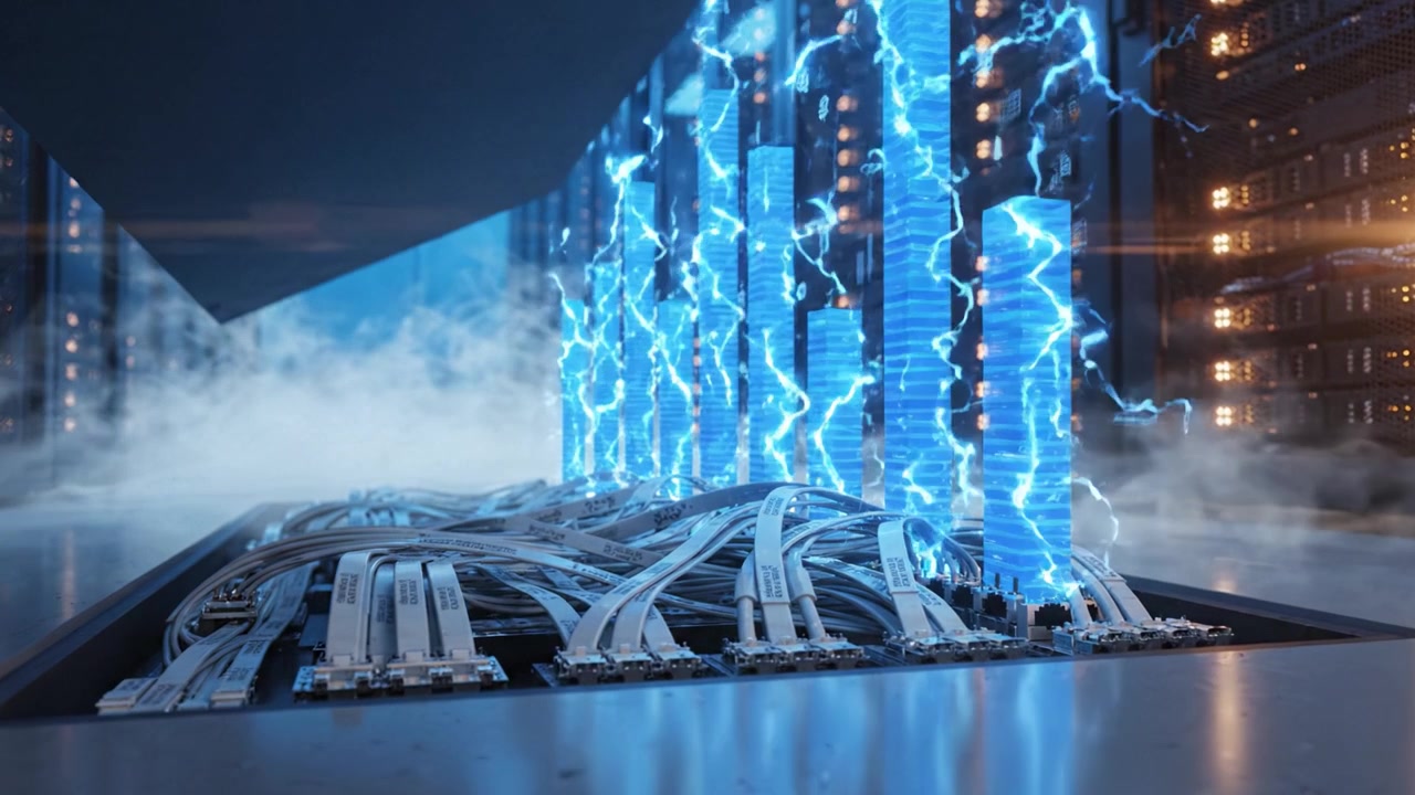 A Dynamic Data Center Environment with Advanced Technology Highlighted by Cables and Electric Blue Light Effects, Showcasing Modern IT Infrastructure