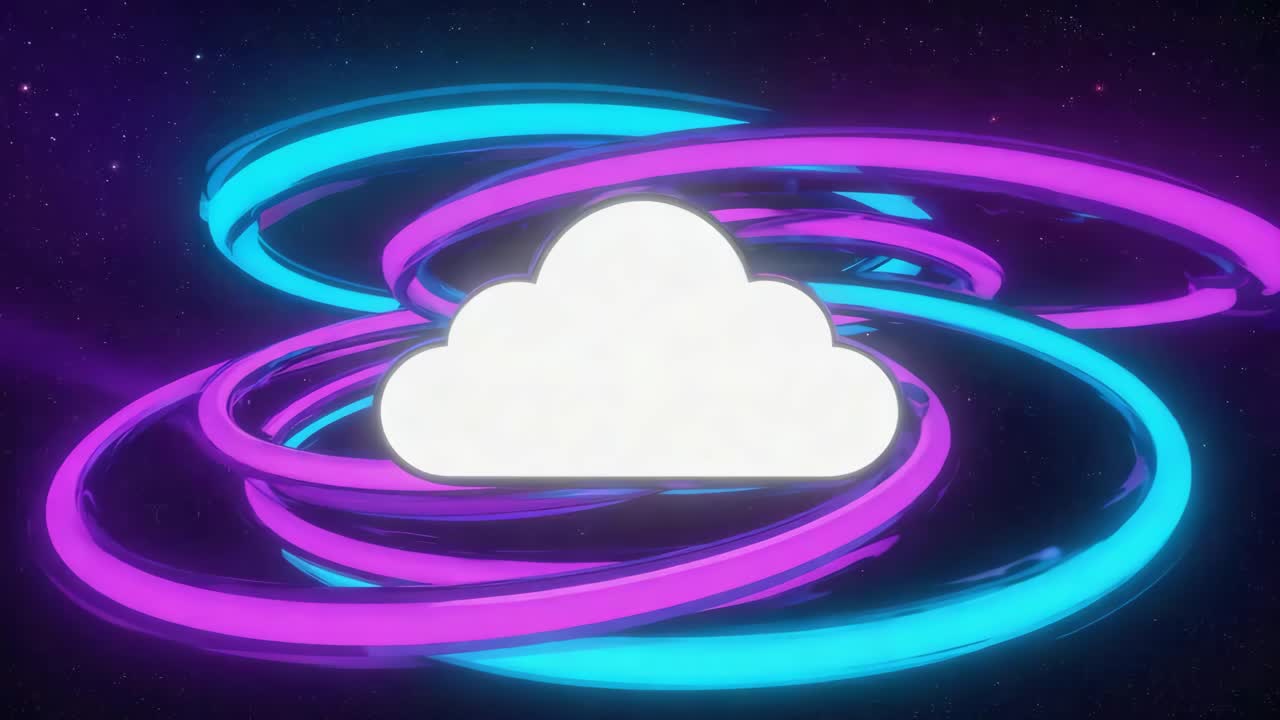 Futuristic Cloud Computing Icon with Neon Rings in Space