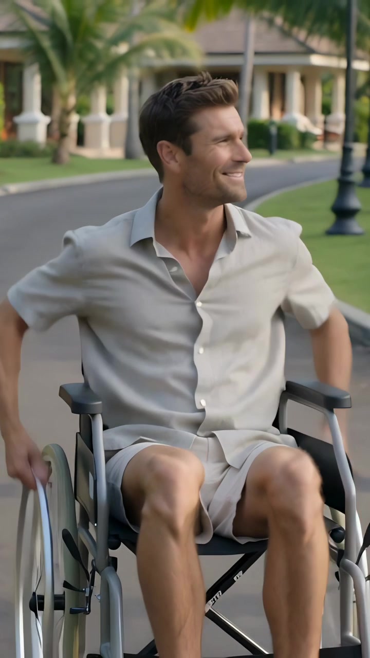Vertical video: Pushing man in tan outfit seeing offscreen and moving wheelchair down road by palms