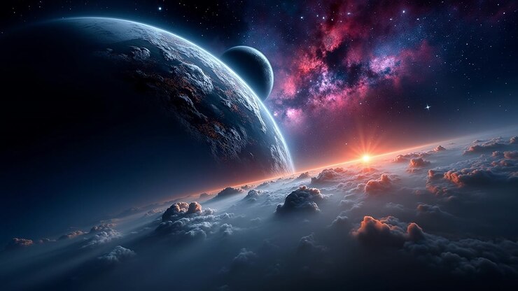 Dramatic view of planet Earth from space with the moon and a glowing nebula
