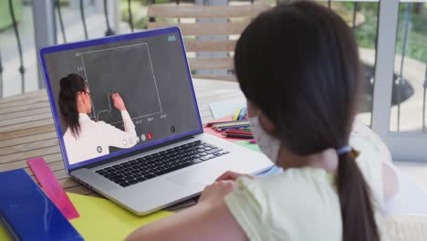 Caucasian-schoolgirl-in-face-mask-using-laptop-on-video-call-with-female-teacher