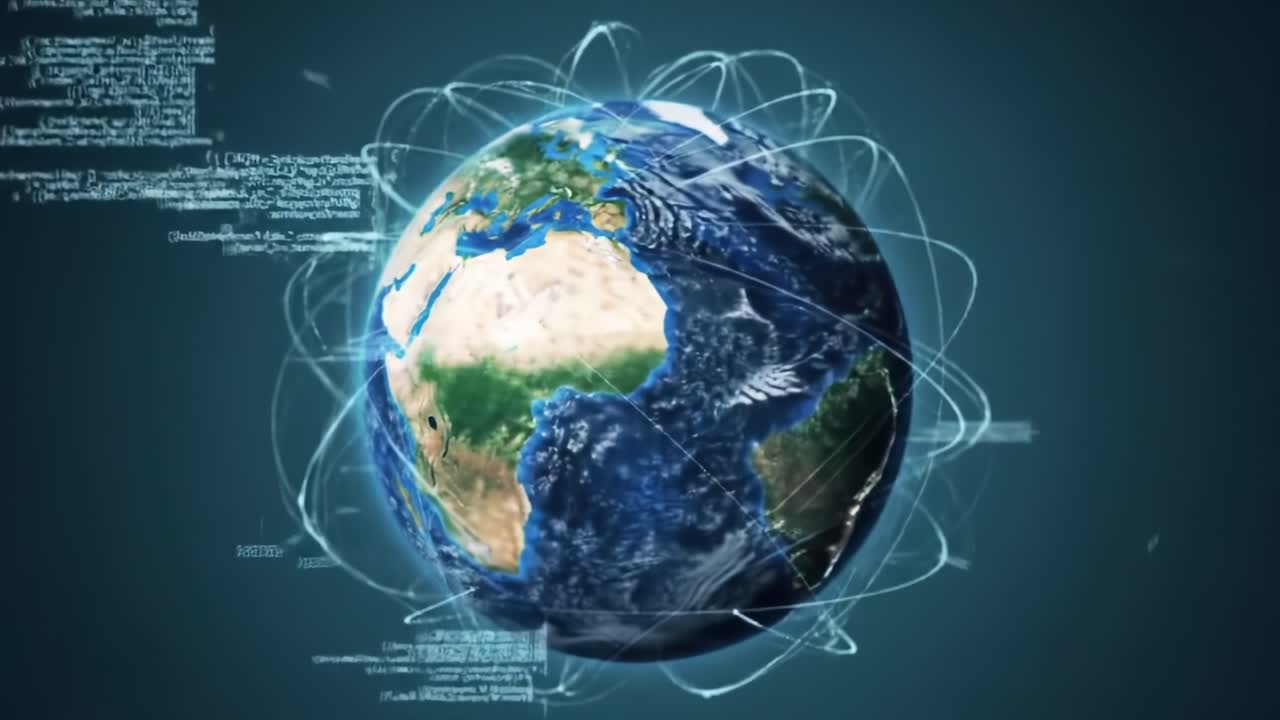 A Dynamic Visualization of Earth Surrounded by Modern Data Streams and Connectivity Representations Highlighting Global Interactions and Technological Advancements