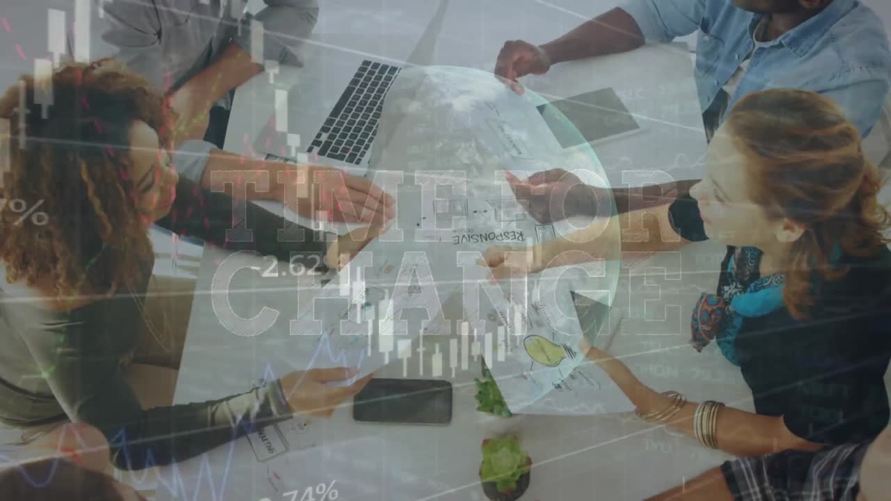 Animation of statistical data processing over diverse colleagues discussing together at office