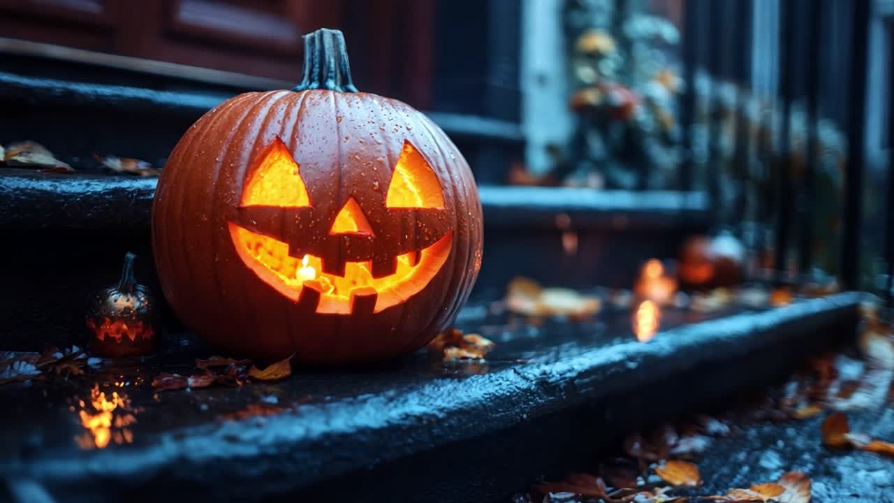 Halloween pumpkin on steps with autumn leaves