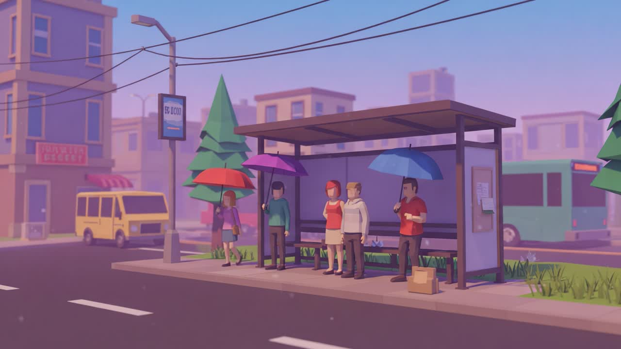 A Vibrant Animated Scene Depicting a Bustling Bus Stop with Colorful Umbrellas and Unique Characters Waiting for Their Ride in a Lively Urban Setting