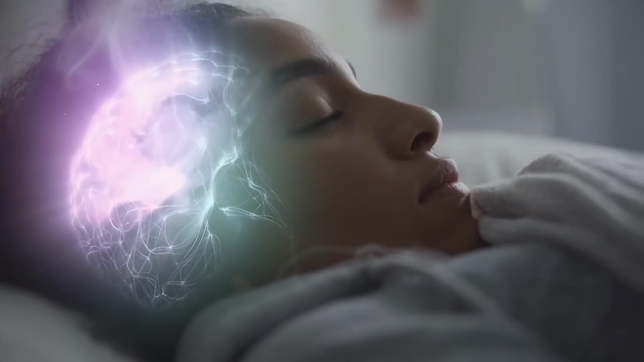 Video in primo piano di una persona che dorme con una sovrapposizione di un cervello luminoso, ripreso di lato