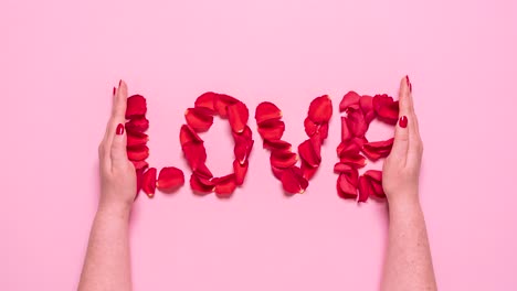 valentine day romantic concept, stop motion. rose petals heart and love word