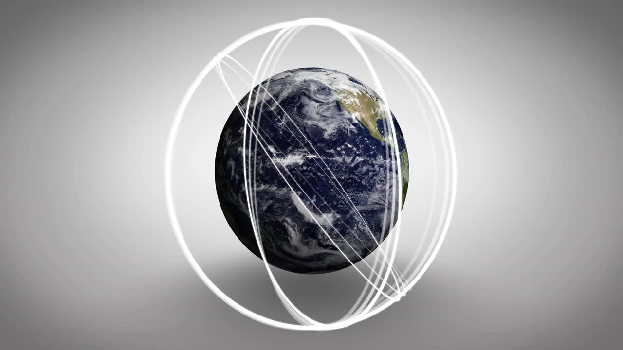 Rotating Earth with white lines orbiting, showing global connectivity animation