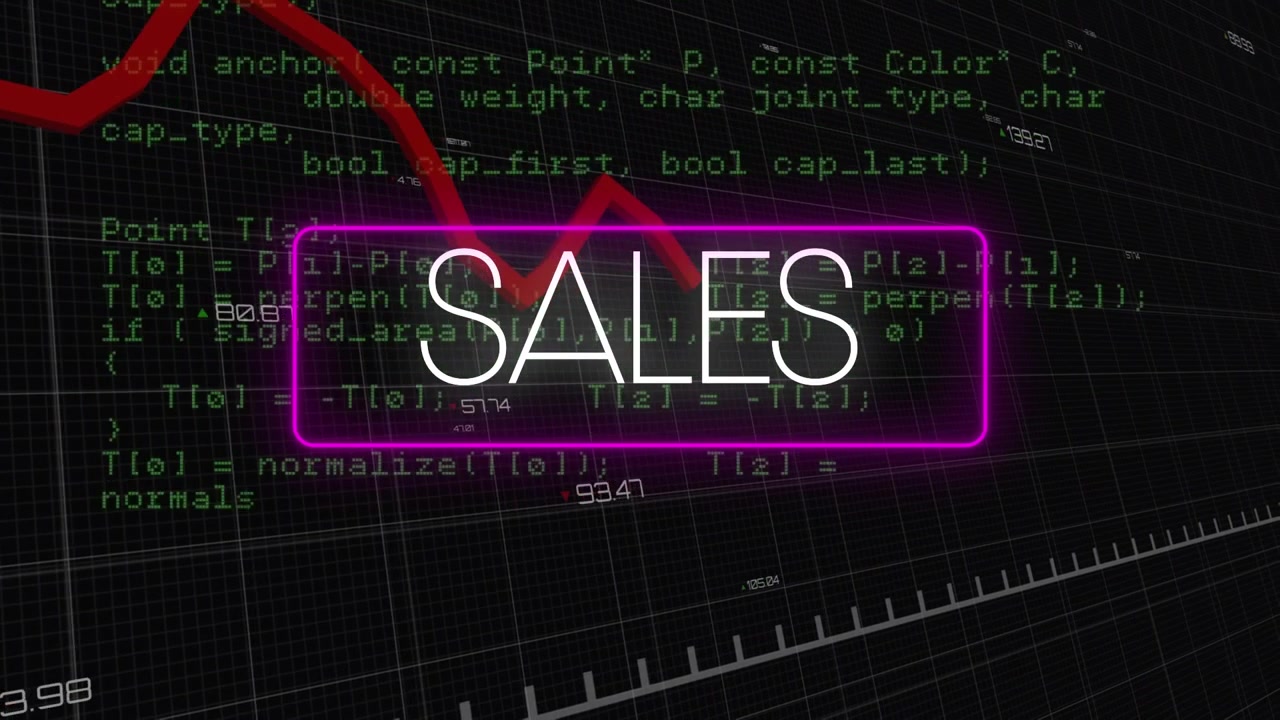 Animation af salgstekst over et neonlilla banner mod databehandling på sort baggrund.