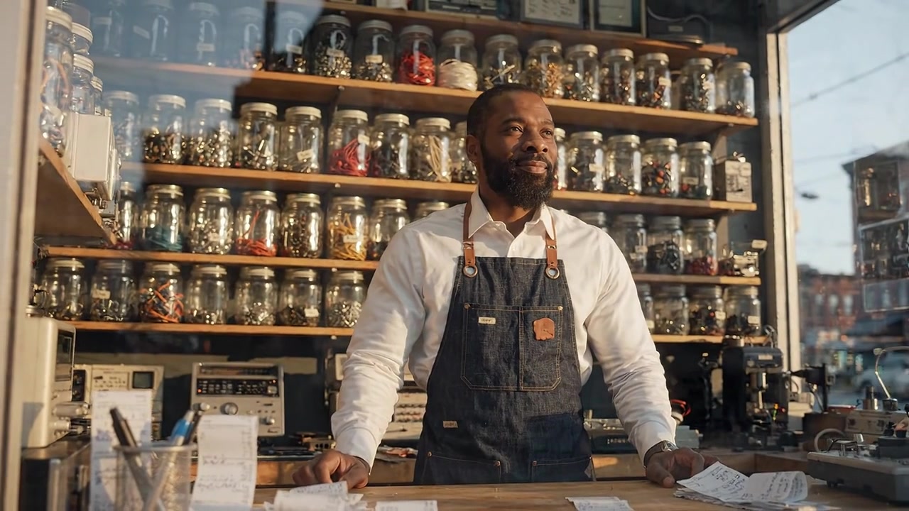 A skilled shopkeeper stands proudly in a charming storefront filled with jars of various goods, showcasing dedication to craftsmanship and community engagement.