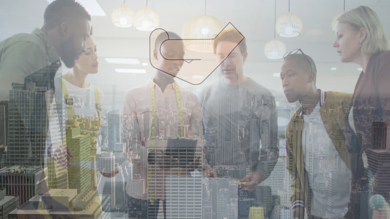 사무실과 도시 풍경의 다양한 사업가들에 대한 손 아이콘의 애니메이션