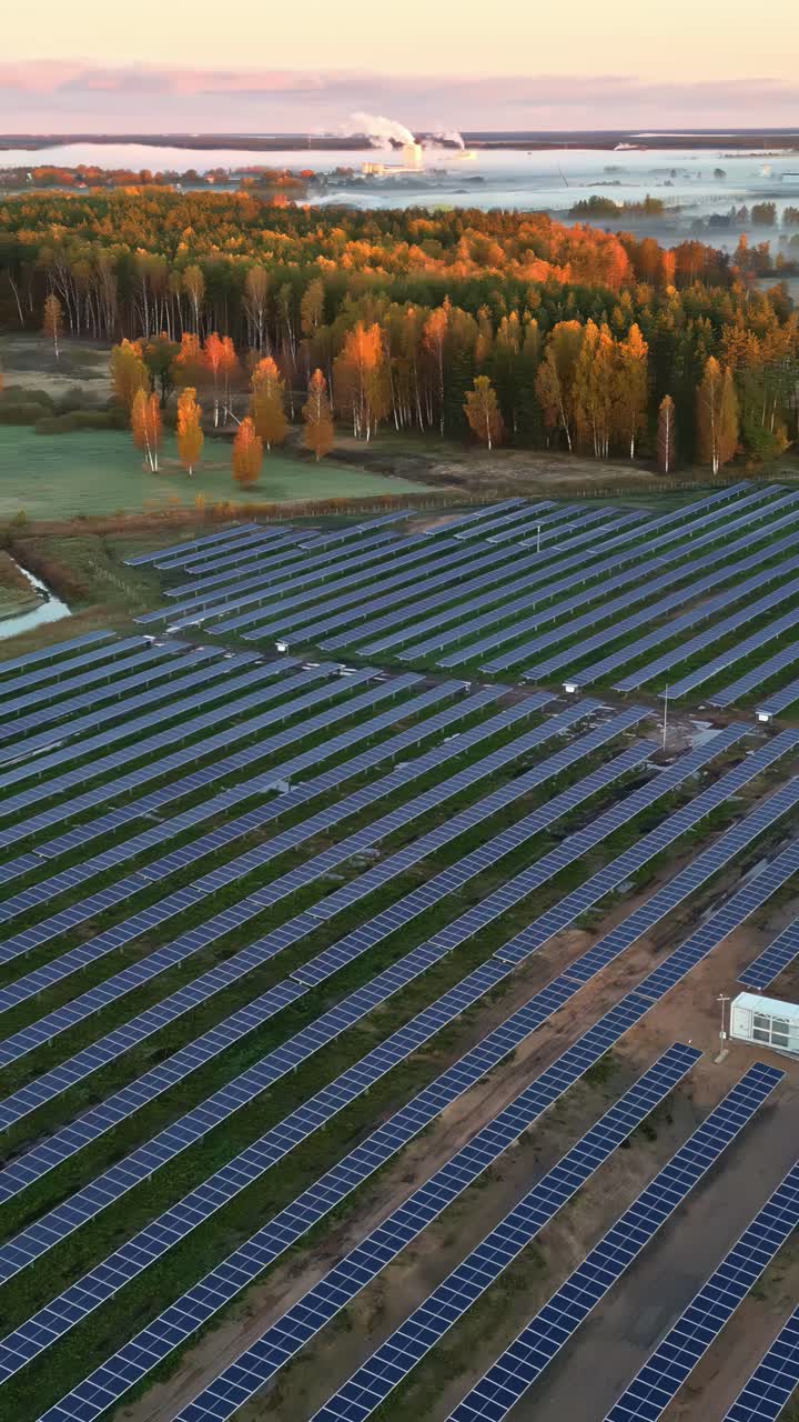 Drone view of solar panels in autumn at sunset near water body